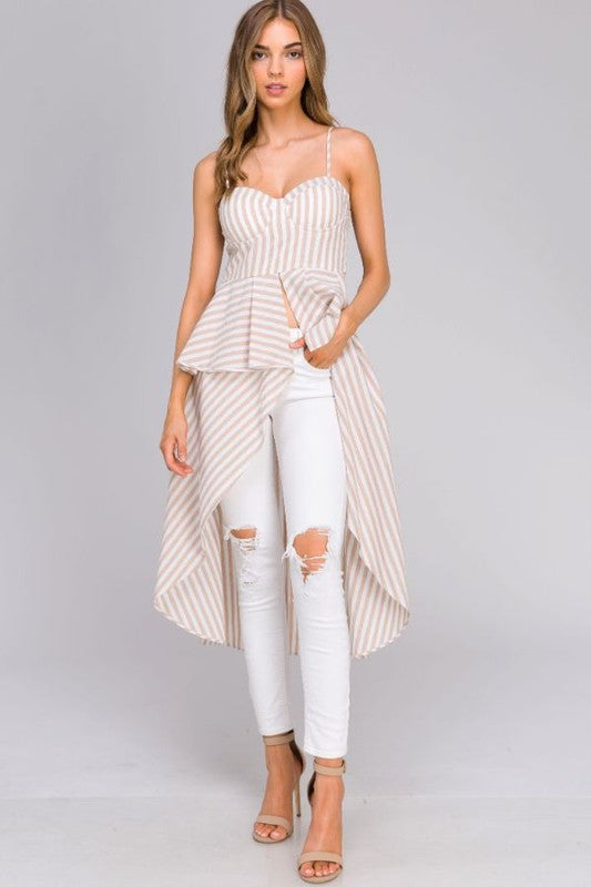 Fashion Summer Strap Beige Marine Ruffle High Low Top
