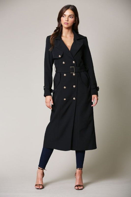 Elegant Black Collar Button Tie-Up Trench Coat