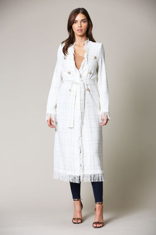 Elegant White Gold Textured Detail Tie-Up Coat
