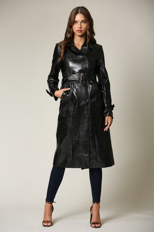 Elegant Black Faux Alligator Collar Button Tie-Up Trench Coat