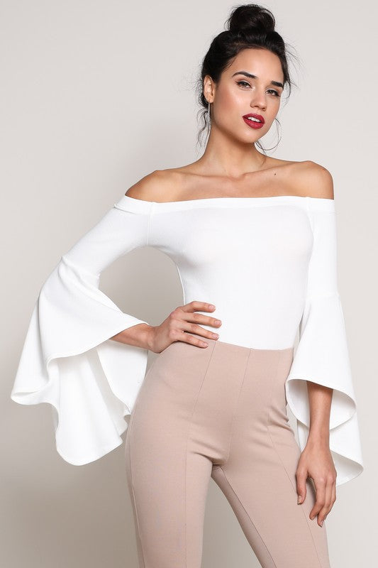 Elegant White Off Shoulder Bell Sleeve Bodysuit