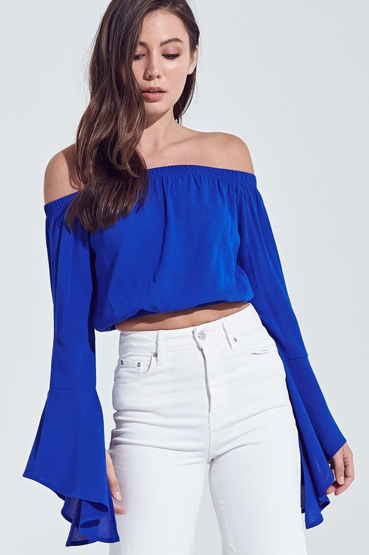 Elegant Royal Blue Off Shoulder Bell Sleeve Top