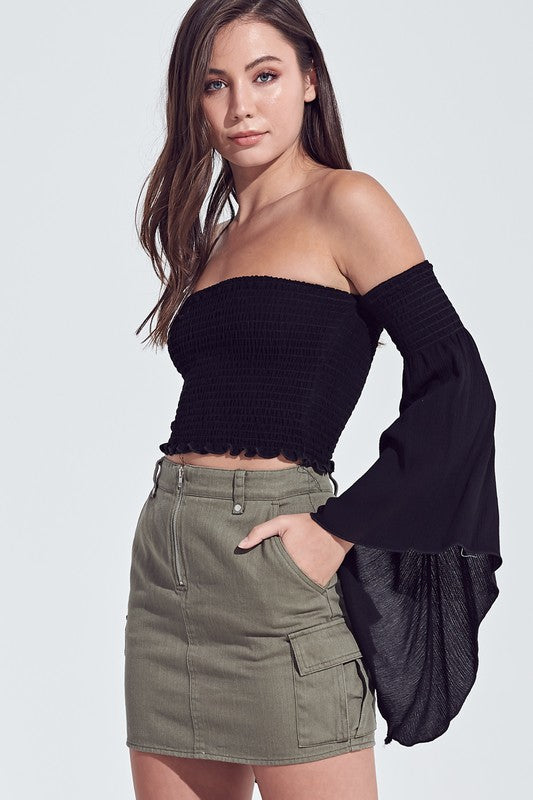 Elegant Black Off Shoulder Bell Sleeve Crop Top