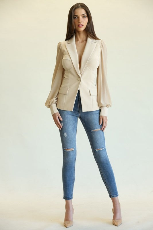 Elegant Nude Blazer Open Back Blouse with Bell Sleeve