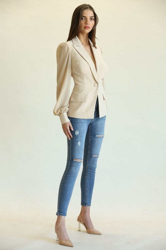 Elegant Nude Blazer Open Back Blouse with Bell Sleeve