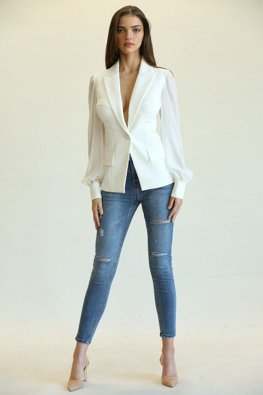 Elegant White Blazer Open Back Blouse with Bell Sleeve
