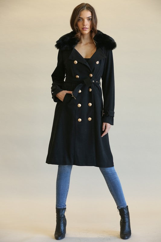 Elegant Black Faux Fur Collar Button Tie-Up Trench Coat