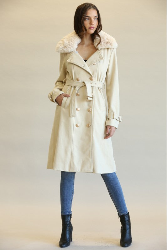 Elegant Beige Faux Fur Collar Button Tie-Up Trench Coat
