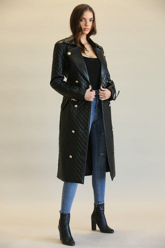 Elegant Black Faux Leather Quilted Button Tie-Up Trench Coat