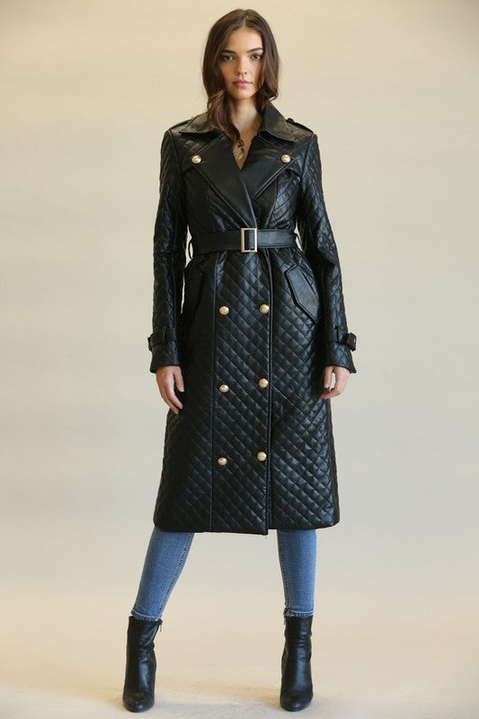 Elegant Black Faux Leather Quilted Button Tie-Up Trench Coat
