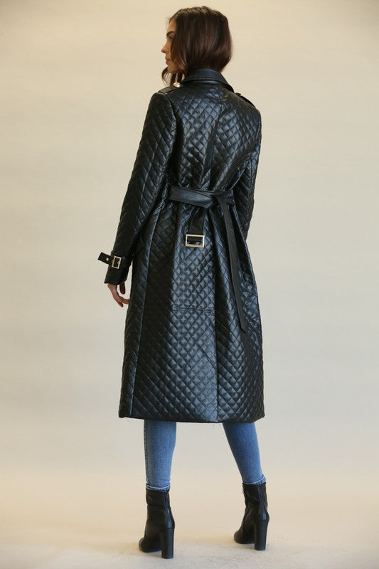 Elegant Black Faux Leather Quilted Button Tie-Up Trench Coat
