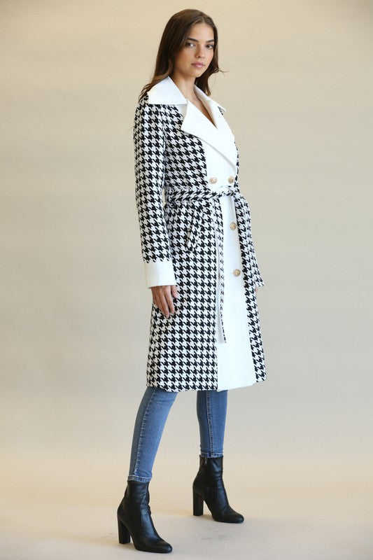 Elegant White Black Contrast HoundStooth Print Button Tie-Up Trench Coat