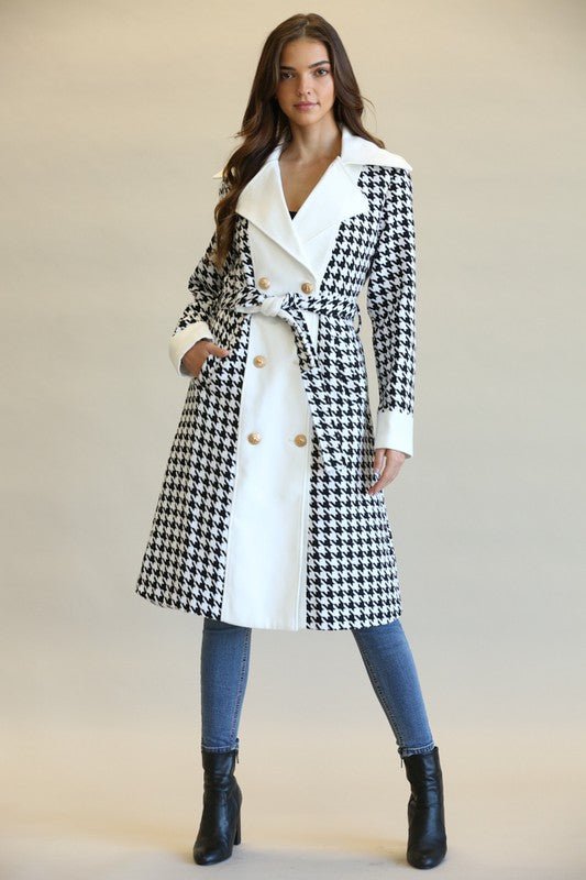 Elegant White Black Contrast HoundStooth Print Button Tie-Up Trench Coat