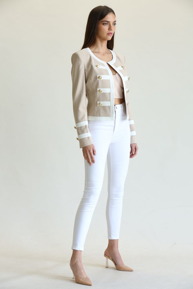 Elegant Nude White Button Down Jacket with Long Sleeve