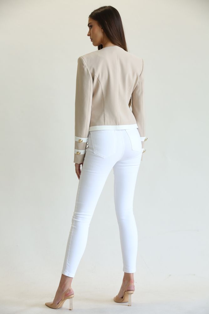 Elegant Nude White Button Down Jacket with Long Sleeve