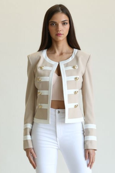 Elegant Nude White Button Down Jacket with Long Sleeve