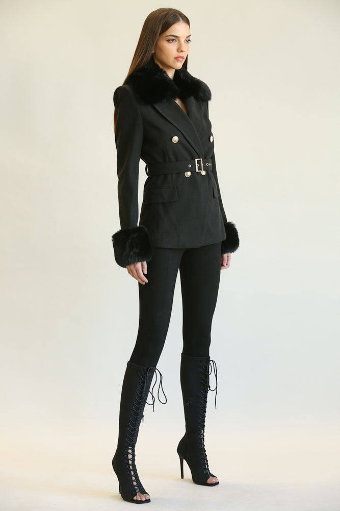 Elegant Black Faux Fur Collar Sleeve Button Tie-Up Jacket