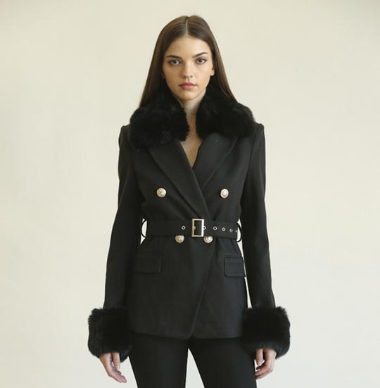 Elegant Black Faux Fur Collar Sleeve Button Tie-Up Jacket