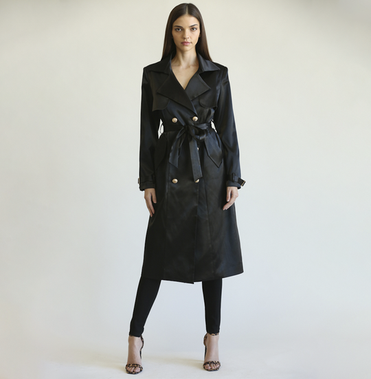 Elegant Black Satin Collar Button Tie-Up Trench Coat