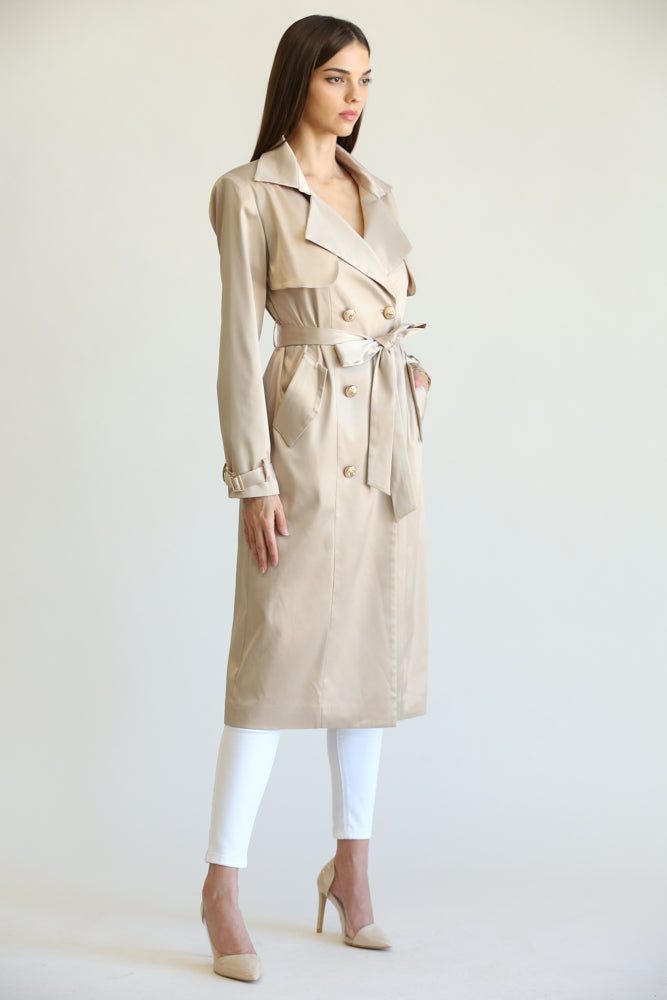 Elegant Champagne Satin Collar Button Tie-Up Trench Coat