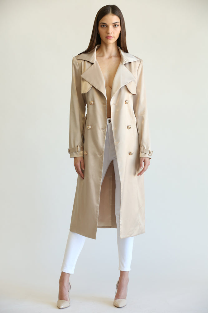 Elegant Champagne Satin Collar Button Tie-Up Trench Coat