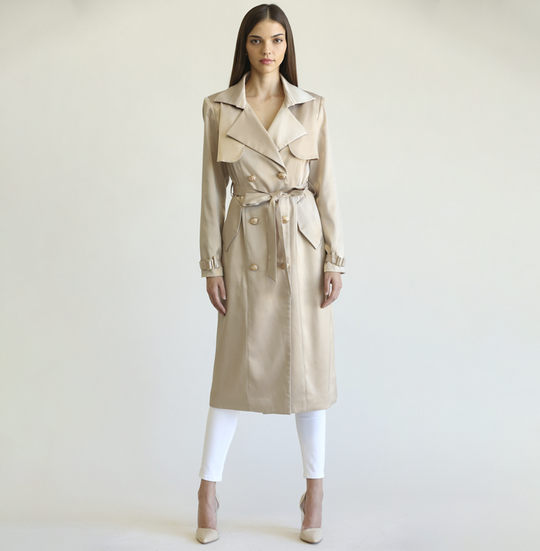Elegant Champagne Satin Collar Button Tie-Up Trench Coat