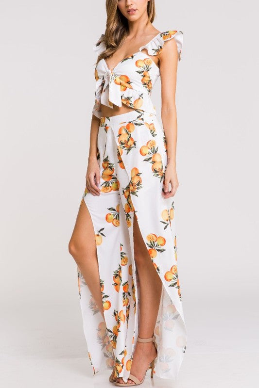 Fashion Summer White Off Shoulder Ruffle Tie-Up Orange Print Cropped Top