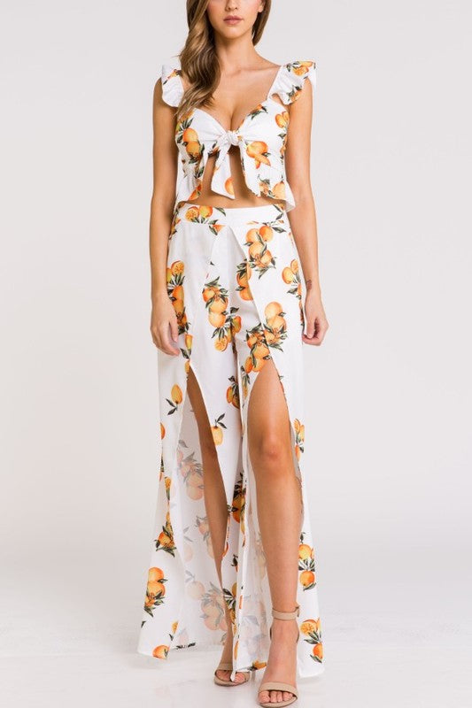 Fashion Summer White Orange Print Cut-Out Pants