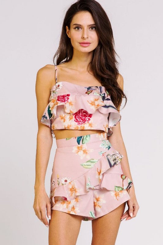 Elegant Strap Blush Multi-Color Floral Print Ruffle Top
