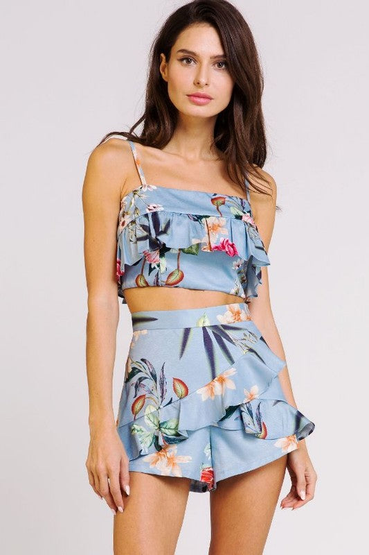 Elegant Strap Blue Multi-Color Floral Print Ruffle Top