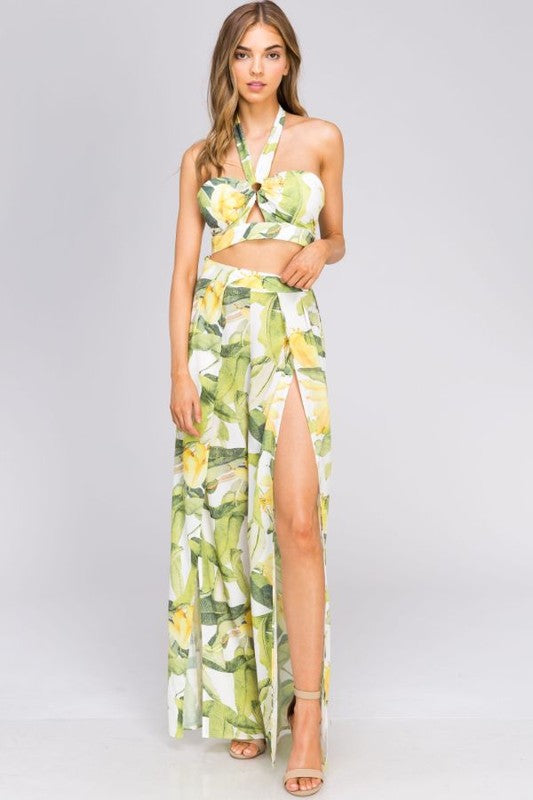 Fashion Summer Multi-Color Banana Leaf Print Halter Crop Top