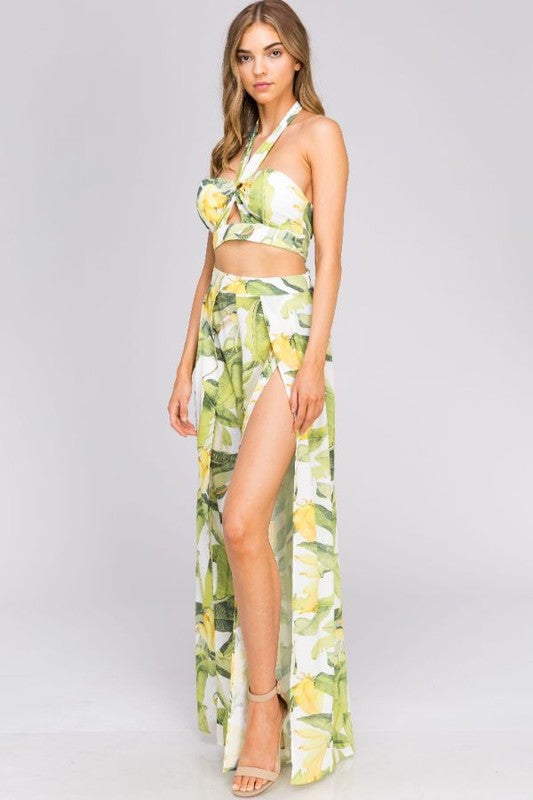 Fashion Summer Multi-Color Banana Leaf Print Halter Crop Top