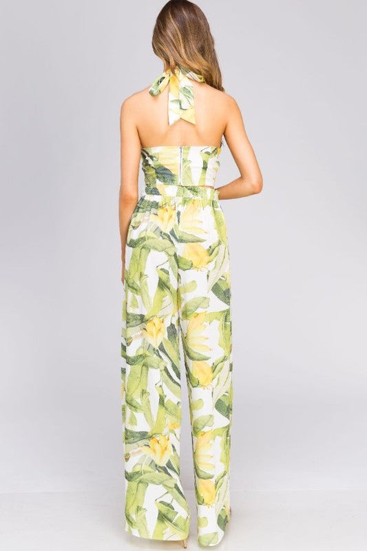 Fashion Summer Multi-Color Banana Leaf Print Halter Crop Top