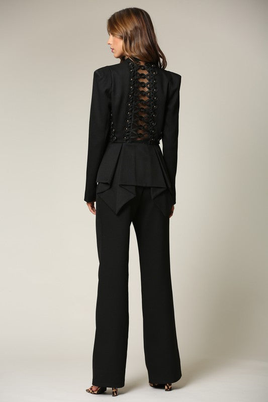 Elegant Black Couture Ruffle Jacket with Back Lace Detailed