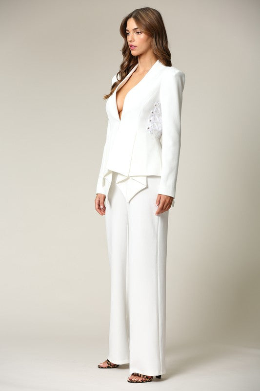 Elegant White Couture Ruffle Jacket with Back Lace Detailed