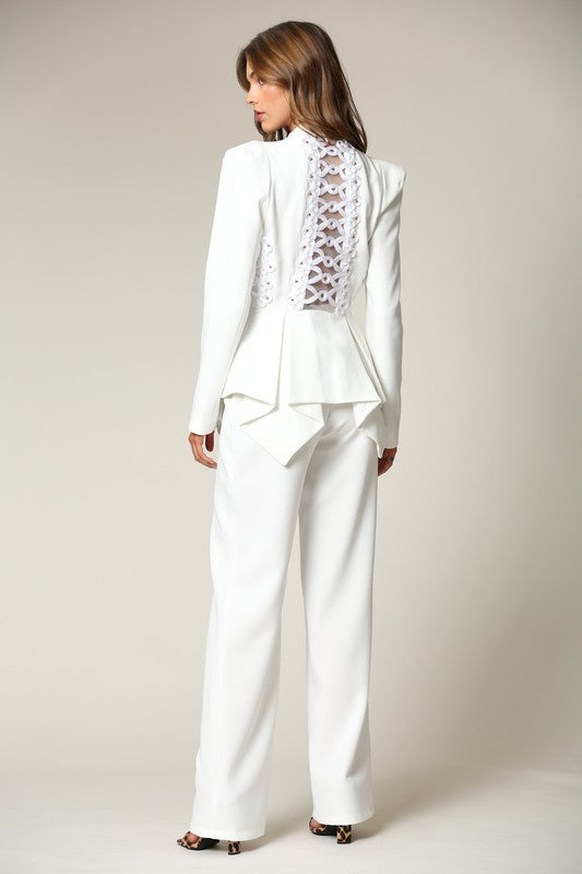 Elegant White Couture Ruffle Jacket with Back Lace Detailed