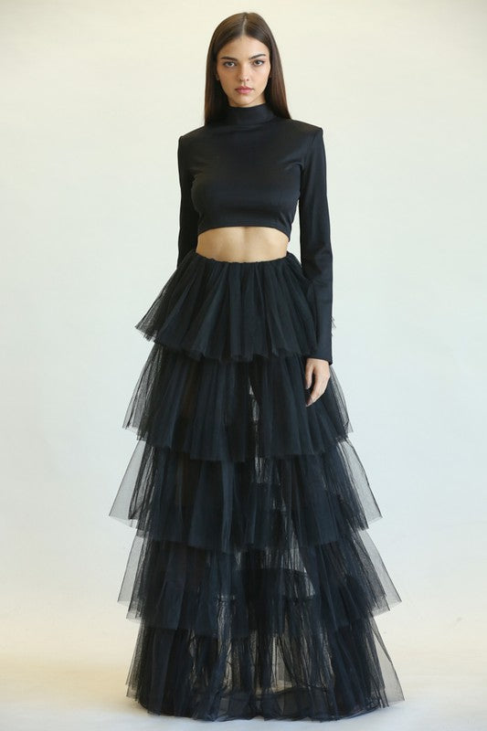 Elegant Black High Waisted Layered Ruffle Maxi Skirt