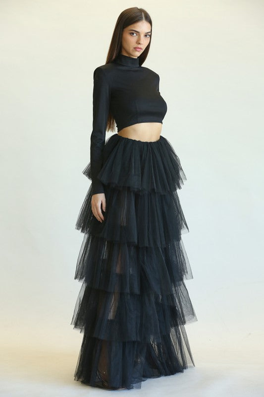 Elegant Black High Waisted Layered Ruffle Maxi Skirt – EDITE MODE