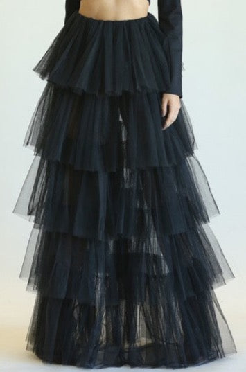 Elegant Black High Waisted Layered Ruffle Maxi Skirt