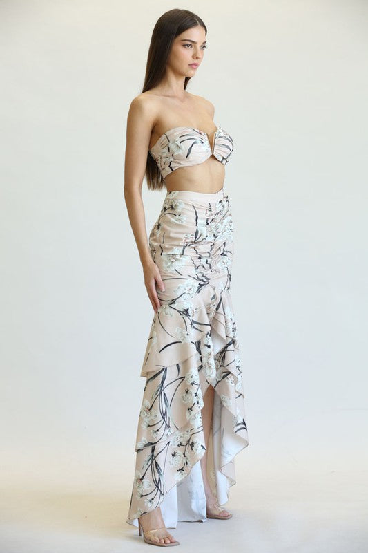 Elegant Nude Multi-Color Floral Print High Waisted Ruffle High Low Maxi Skirt