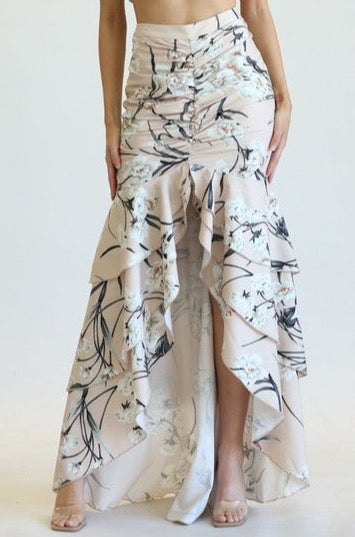 Elegant Nude Multi-Color Floral Print High Waisted Ruffle High Low Maxi Skirt