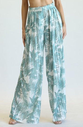 Fashion Sage Tropical Print Silver Detailed High Waisted Pleated Palazzo Pants