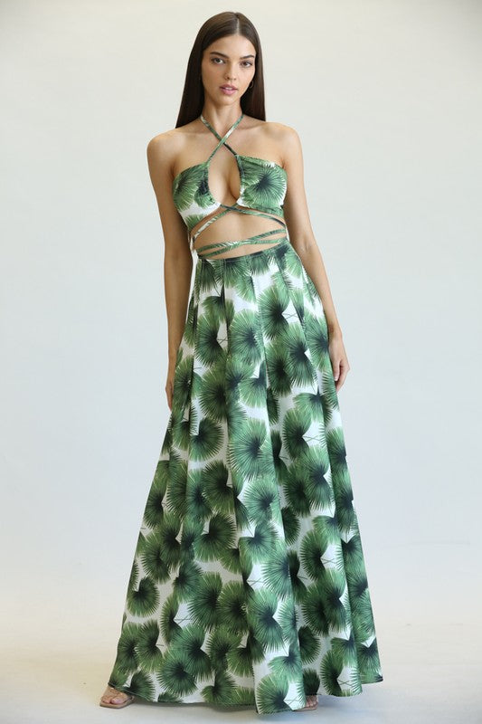 Fashion Green Palm Print High Waisted Ruffle Maxi Skirt