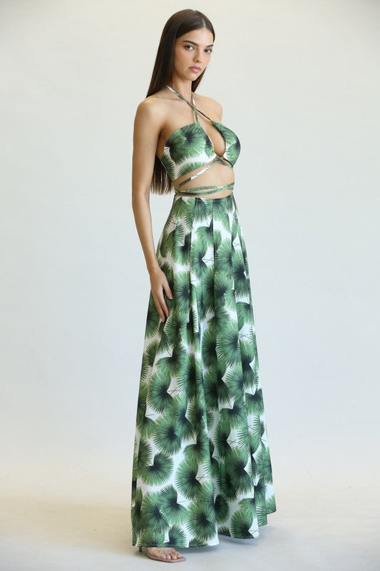 Fashion Green Palm Print Tie-Up Crop Top