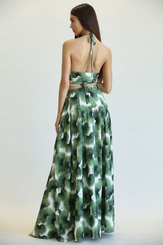 Fashion Green Palm Print High Waisted Ruffle Maxi Skirt