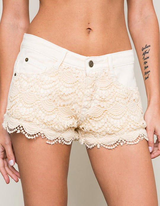 Beige Denim Short with Frontal Crochet