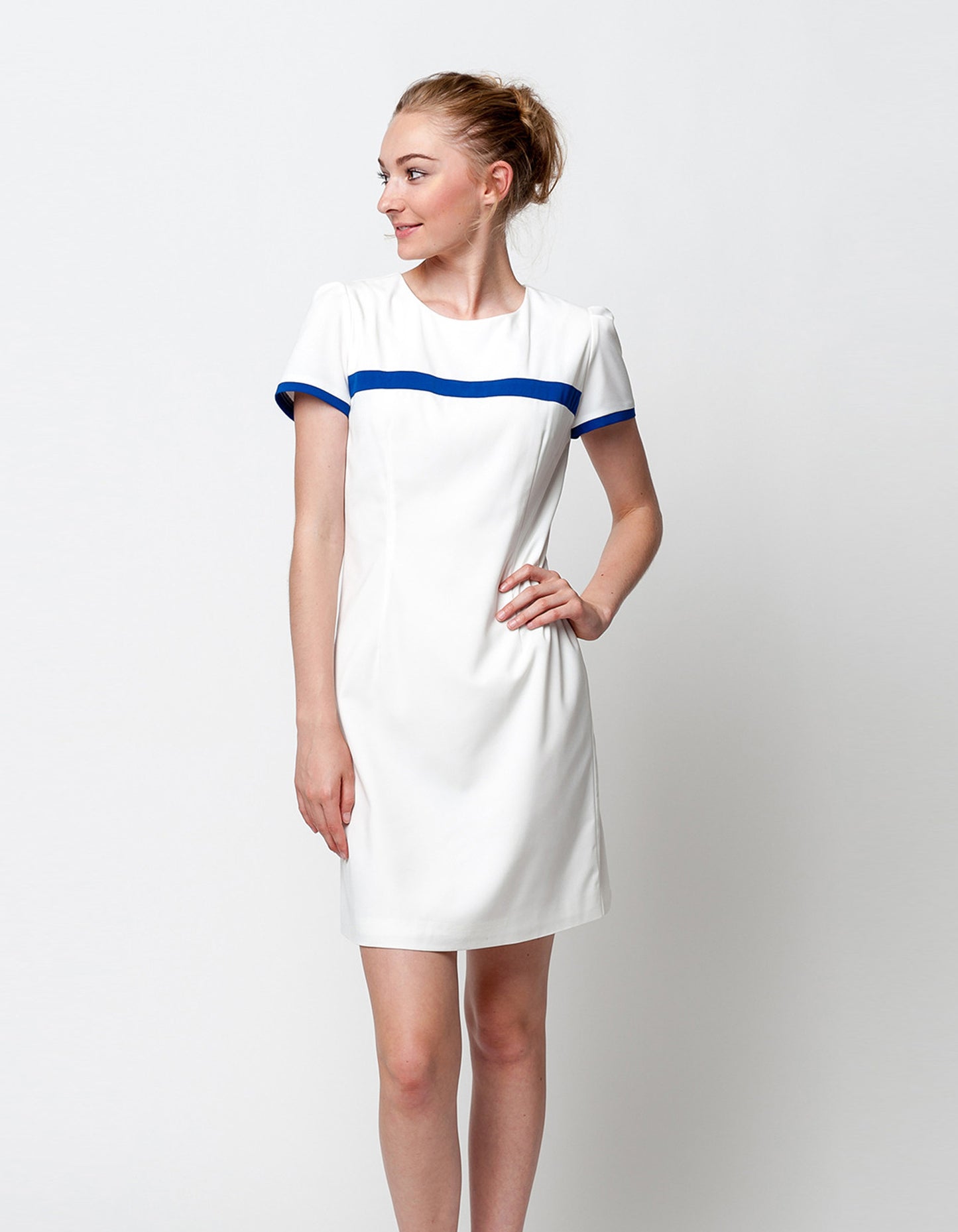 Blue-Lined White Shift Dress