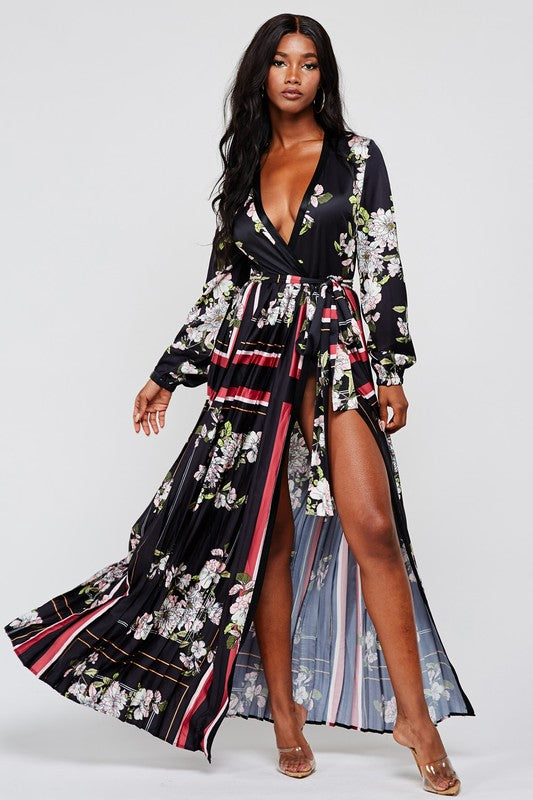 Elegant Black Multi-Color Floral Print Wrap Maxi Dress with Long Sleeve