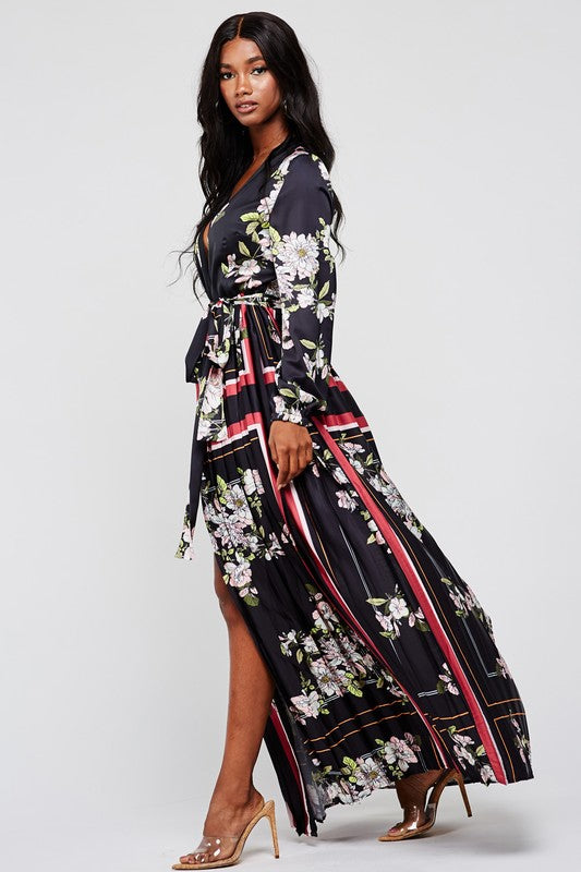 Elegant Black Multi-Color Floral Print Wrap Maxi Dress with Long Sleeve