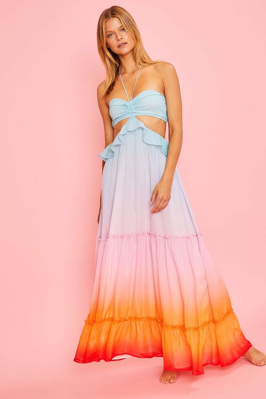 Fashion Multi-Color Ombre Satin Neck Tie-Up Ruffle Cut-Out Maxi Dress